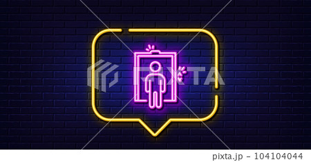 Neon light speech bubble. Lift line icon. Elevator sign. Transportation between floors symbol. Neon light background. Elevator glow line. Brick wall banner. Vector 104104044