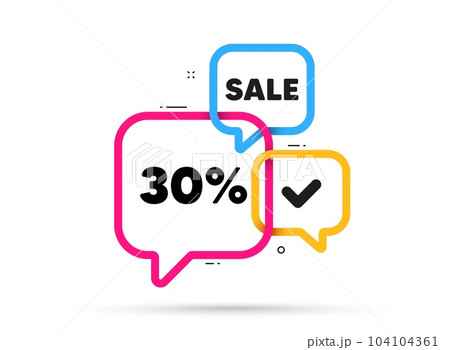 30 percent off sale tag. Ribbon bubble chat banner. Discount offer coupon. Discount offer price sign. Special offer symbol. Discount adhesive tag. Promo banner. Vector 104104361