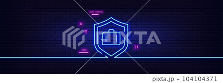 Neon light glow effect. Luggage protect line icon. Suitcase bag sign. Baggage secure symbol. 3d line neon glow icon. Brick wall banner. Luggage protect outline. Vector 104104371