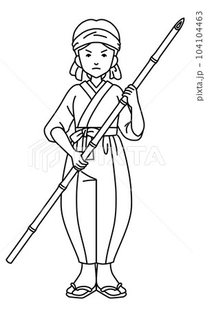 戦時中の竹槍を構えた女性 線画 104104463
