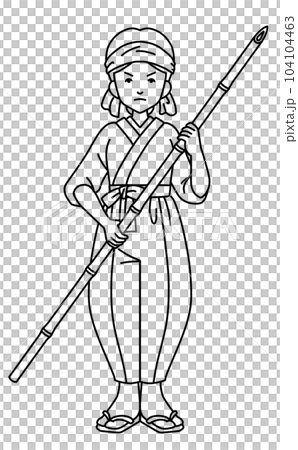 戦時中の竹槍を構えた女性 線画 104104463
