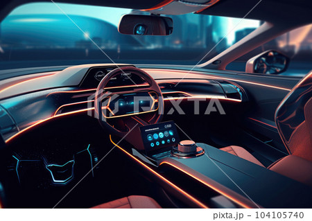 Futuristic interior of luxury car. Technology car dashboard. Generative AI 104105740