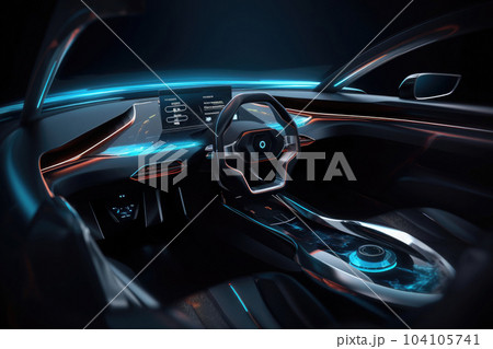 Futuristic interior of luxury car. Technology car dashboard. Generative AI Futuristic interior of luxury car. Technology car dashboard. Generative AI 104105741