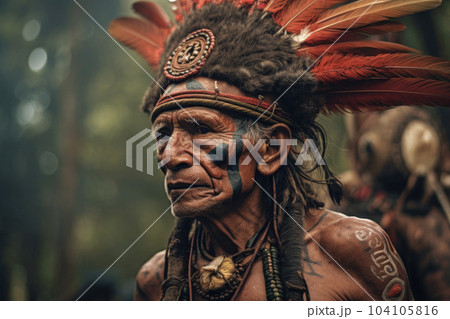 Portrait of indigenous tribe man. Native american people. Generative AI Portrait of indigenous tribe man. Native american people. Generative AI 104105816