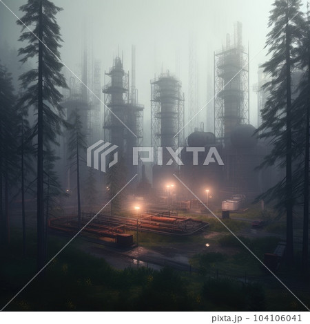 Close up industrial view, oil refining equipment, oil and gas processing area, pipeline plant and oil tank area in forest 104106041