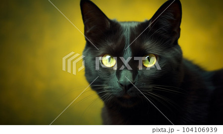 black cat with eyes on yellow background black cat with eyes on yellow background 104106939