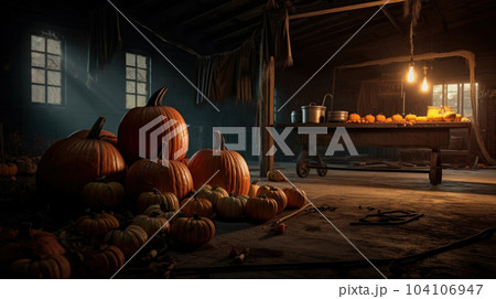 cellar with pumpkins and pumpkins Halloween concept 104106947