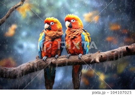 Two large colorful parrots siting on a branch. Generative AI Two large colorful parrots siting on a branch. Generative AI 104107025