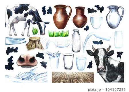Dairy products set. ceramic and glassware, cows and milk splashes. Watercolor hand drawn illustration isolated on white background. Clipart. For the design of dairy products advertising, packaging. Dairy products set. ceramic and glassware, cows and milk splashes. Watercolor hand drawn illustration isolated on white background. Clipart. For the design of dairy products advertising, packaging. 104107252