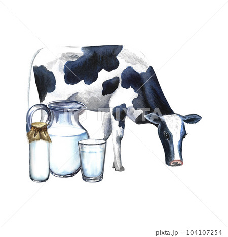 Cow and dairy products in a glass bowl. Watercolor hand drawn illustration. On a white background. For advertising banner, milk flyer, dairy product label packaging. For posters, prints, busines card. 104107254