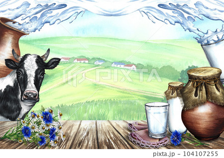 Cow and dairy products in ceramic and glassware. Against the backdrop of a rural landscape. Milk splash frame. Watercolor hand drawn illustration. For dairy products, advertising, flyer, packaging. 104107255