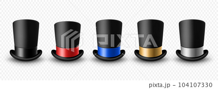 Vector 3d Realistic Black Top Hat Icon Set with Different Color Ribbon Closeup Isolated. Classic Retro Vintage Top Hat Collection, Vintage Gentlemans Mens Hats, Front View 104107330