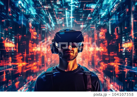 Modern man face in virtual reality glasses isolated on neon background AI Modern man face in virtual reality glasses isolated on neon background AI 104107358