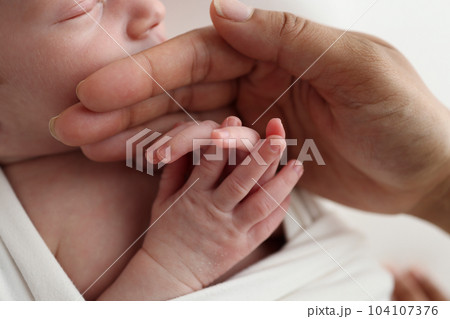 Small hand of a newborn baby with tiny fingers, head, nose and ear of a newborn. Palm hand of parents, father and mother of a newborn. Studio macro photography. Small hand of a newborn baby with tiny fingers, head, nose and ear of a newborn. Palm hand of parents, father and mother of a newborn. Studio macro photography. 104107376