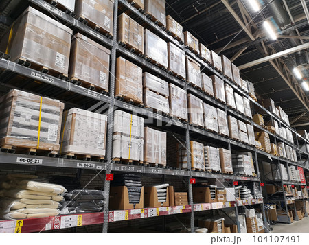 shelves with boxes in warehouse. shelves with boxes in warehouse. 104107491