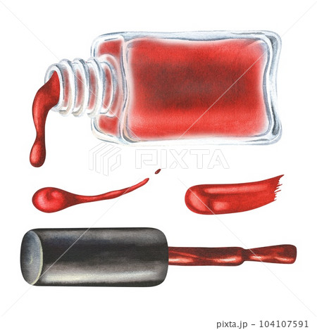 Watercolor illustration. Red nail polish is poured from a bottle, a lid with a brush and a smear of paint. Isolated on a white. For manicure masters, beauty salons, cosmetic stores Watercolor illustration. Red nail polish is poured from a bottle, a lid with a brush and a smear of paint. Isolated on a white. For manicure masters, beauty salons, cosmetic stores 104107591