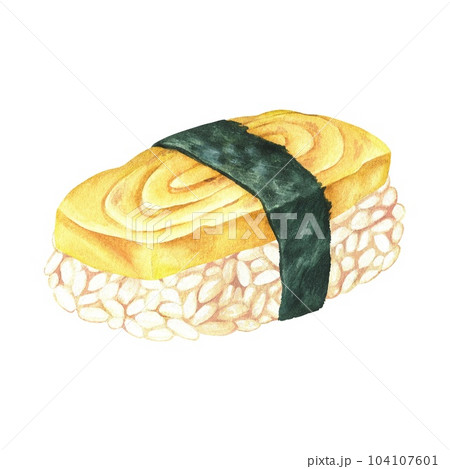 Sushi with egg tamago. Watercolor illustration. Omelette with rice delicious japanese food. Nigiri asian cuisine. Hand drawn clip art isolated on a white background. To restaurant menu design 104107601