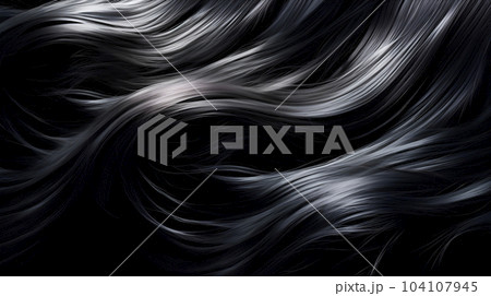 Black glowing hair wavy strand. Isolated on black background. Shiny haircare style shampoo beautiful smooth colored hair close up photo Black glowing hair wavy strand. Isolated on black background. Shiny haircare style shampoo beautiful smooth colored hair close up photo 104107945