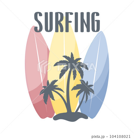 Summer poster with surfboards, palm trees and lettering Surfing. Summer illustration, logo, vector Summer poster with surfboards, palm trees and lettering Surfing. Summer illustration, logo, vector 104108021