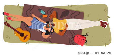 Romantic Picnic Scene With Couple Characters Lying On Blanket Surrounded By Drinks, Guitar and Backpack, Illustration 104108126