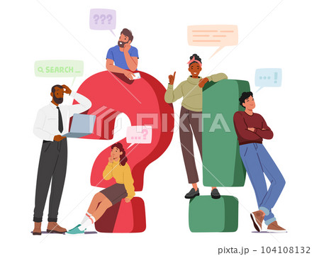 Perplexed Characters Standing at Huge Question And Exclamation Signs, Symbolizing Confusion, Uncertainty And Curiosity Perplexed Characters Standing at Huge Question And Exclamation Signs, Symbolizing Confusion, Uncertainty And Curiosity 104108132