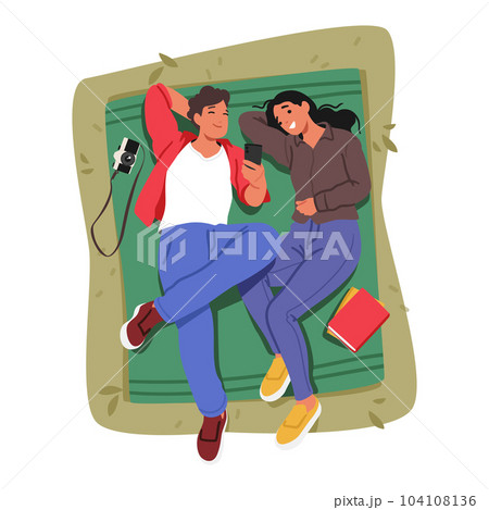 Romantic Picnic Scene With Couple Characters Lying On Blanket, Enjoying Each Other's Company From A Top-down Perspective 104108136