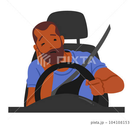 Dangerous Scenario Of A Man Character Sleeping Behind The Wheel While Driving, Posing A Severe Risk Of Accident Dangerous Scenario Of A Man Character Sleeping Behind The Wheel While Driving, Posing A Severe Risk Of Accident 104108153
