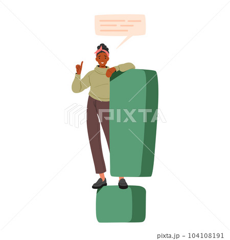Female Character Stands on Gigantic Exclamation Mark, Pointing Upwards With An Outstretched Finger, Vector Illustration Female Character Stands on Gigantic Exclamation Mark, Pointing Upwards With An Outstretched Finger, Vector Illustration 104108191