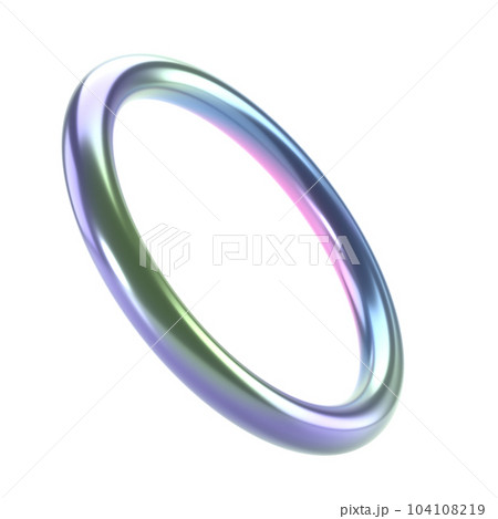 3d render shape metallic holographic abstract ring. Glossy geometric primitive object round isolated with clipping path. Iridescent trendy design 104108219
