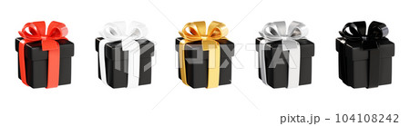 Black gift box with various ribbon and bow 3d render illustration set - red, golden and white decoration for black friday and cyber monday sale banner. Surprise and present closed package. 104108242