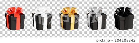 Black gift box with various ribbon and bow 3d render illustration set - red, golden and white decoration for black friday and cyber monday sale banner. Surprise and present closed package. 104108242