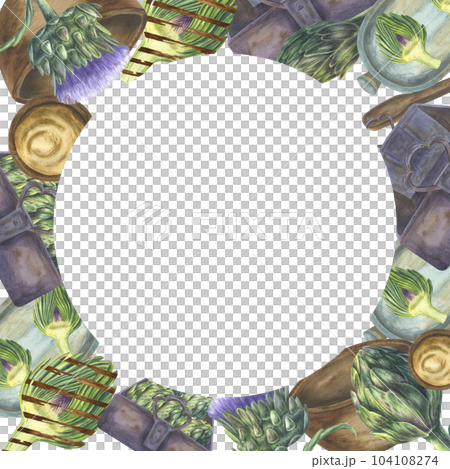 Frame of artichoke, plate, watercolor illustration. Hand drawn watercolor illustration isolated on white background. Frame of artichoke, plate, watercolor illustration. Hand drawn watercolor illustration isolated on white background. 104108274