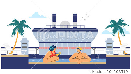 Smiling man and woman relaxing in pool on liner flat style 104108519