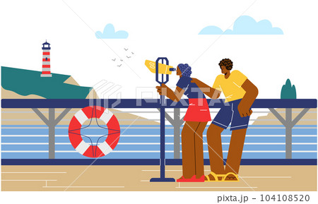 People on cruise liner deco looking through binoculars at coast and island, flat vector illustration isolated on white. People on cruise liner deco looking through binoculars at coast and island, flat vector illustration isolated on white. 104108520