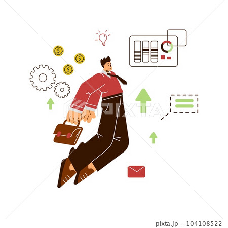 Businessman flying up or jumping, flat vector illustration isolated on white background. Businessman flying up or jumping, flat vector illustration isolated on white background. 104108522