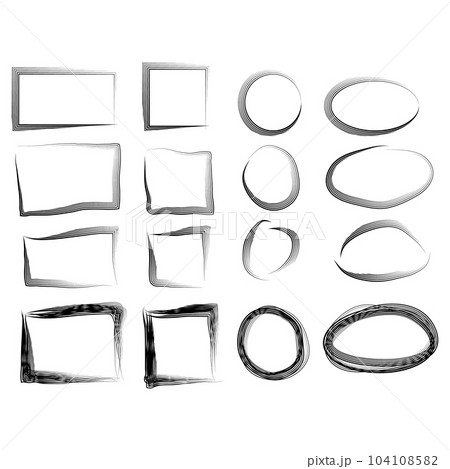 Hand drawn frames set. Cartoon style. Square, rectangle, circle 104108582