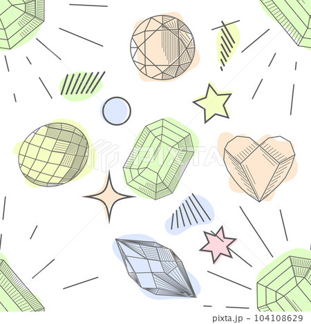 Seamless pattern of hand drawn semiprecious stones. Trendy hipster retro background, Pattern of cut shapes Seamless pattern of hand drawn semiprecious stones. Trendy hipster retro background, Pattern of cut shapes 104108629