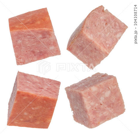 Smoked sausage isolate cut into squares. Salami sausage cubes on a white isolated background. For inserting into a design, project or product label creation. Smoked sausage isolate cut into squares. Salami sausage cubes on a white isolated background. For inserting into a design, project or product label creation. 104108714