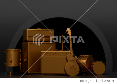 Acoustic guitars and drums with cymbals on podium on monochrome background. Acoustic guitars and drums with cymbals on podium on monochrome background. 104109014