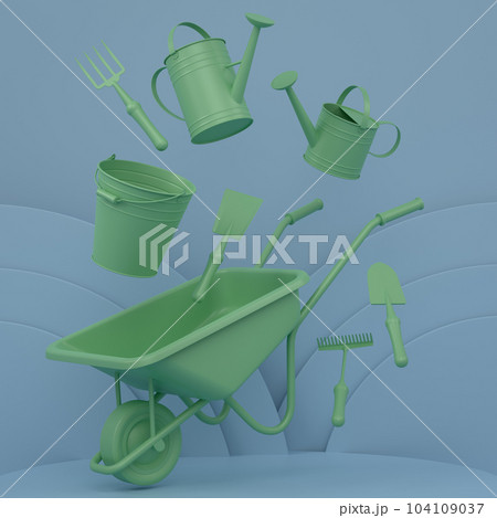 Garden equipment and supply on podium on monochrome background. Garden equipment and supply on podium on monochrome background. 104109037
