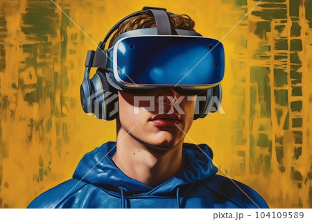 Modern man in blue futuristic costume with golden elements in virtual reality glasses on a golden background AI 104109589