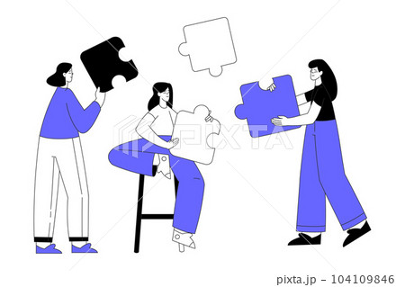 Business Process with Woman Character Team with Jigsaw Puzzle Vector Illustration 104109846