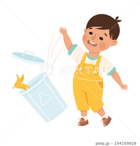 Little Boy Turn Over Dustbin Having Bad Behavior Vector Illustration 104109926
