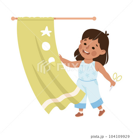 Little Girl with Scissors Cut Shower Curtains Having Bad Behavior Vector Illustration 104109929