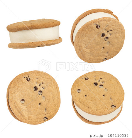 Ice cream in the form of a sandwich isolated on a white background. Vanilla ice cream scattered in different directions on a white background. Suitable for pasting into a design or project. Ice cream in the form of a sandwich isolated on a white background. Vanilla ice cream scattered in different directions on a white background. Suitable for pasting into a design or project. 104110553