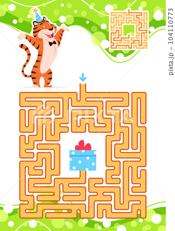Maze game for kids with cute Tiger. Let us help the happy tiger to find his way to a present. Animal character puzzle learning book page design template Labyrinth solution colorful vector illustration 104110773