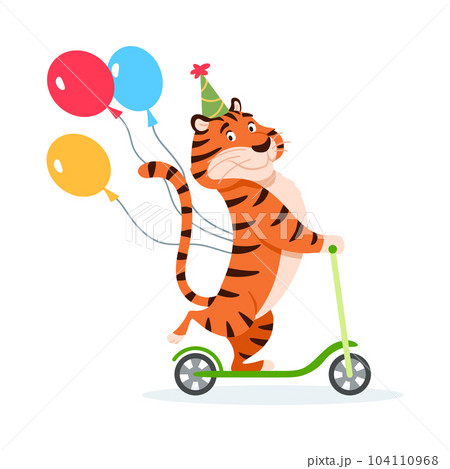 Happy cartoon tiger in Birthday hat rides a kick scooter. Holiday wild cat with colorful balloons isolated on white background. Adorable orange striped character. Animal illustration Happy cartoon tiger in Birthday hat rides a kick scooter. Holiday wild cat with colorful balloons isolated on white background. Adorable orange striped character. Animal illustration 104110968