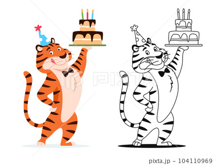 Coloring book. Funny cartoon tiger with Birthday cake on white background. Cute animal character for kids preschool activity. Black and white outline worksheet design Coloring page illustration Coloring book. Funny cartoon tiger with Birthday cake on white background. Cute animal character for kids preschool activity. Black and white outline worksheet design Coloring page illustration 104110969