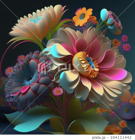 Original floral design with exotic flowers and tropic leaves. Colorful flowers on dark background. 104111442