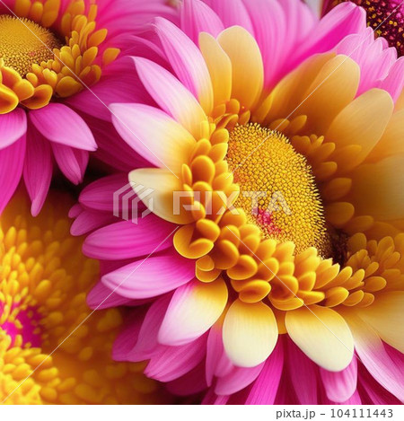Floral design with exotic pink and yellow flowers macro illustration. 104111443